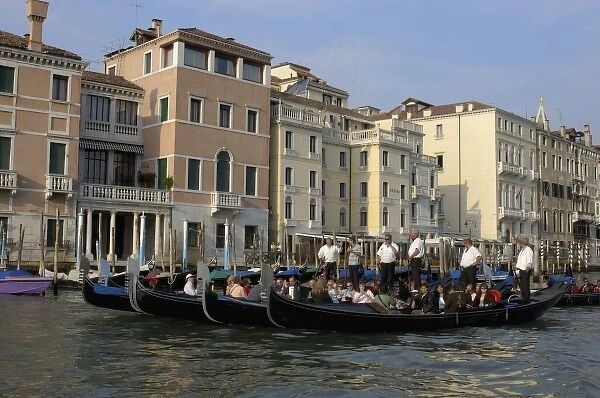 Italy, Venice, gondolas moored along Grand Canal