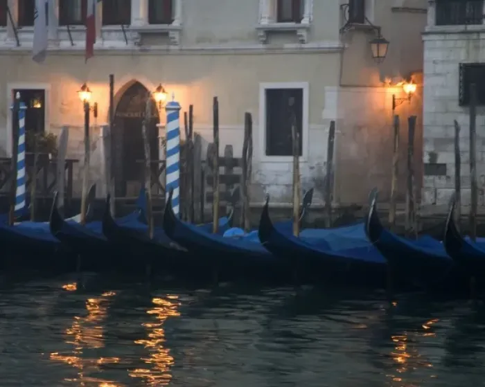 Framed Print : Italy, Venice. Gondolas moored in front of hotel in early morning light