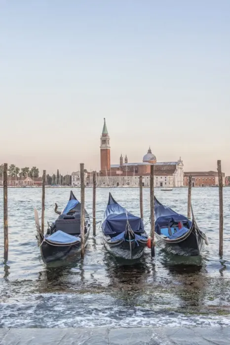 Framed Print : Italy, Venice. Gondolas on the waterfront with San Giorgio Maggiore Church in