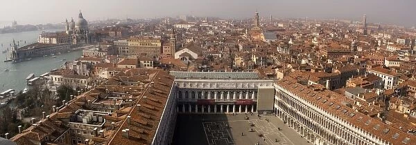 Italy, Venice. Looking down on San Marco Square and across the city rooftops from the Campanile