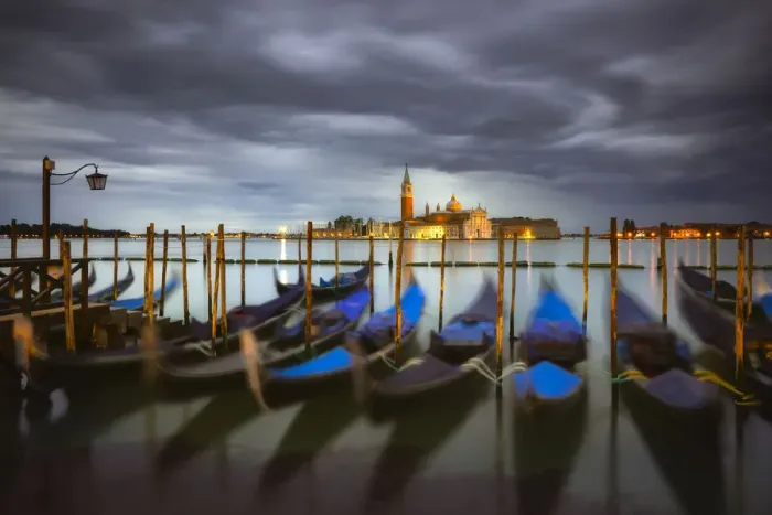 Framed Print : Italy, Venice. Moored gondolas and Church of San Giorgio Maggiore at sunrise. Credit as Framed Print : Italy, Venice. Moored gondolas and Church of San Giorgio Maggiore at sunrise. Credit as