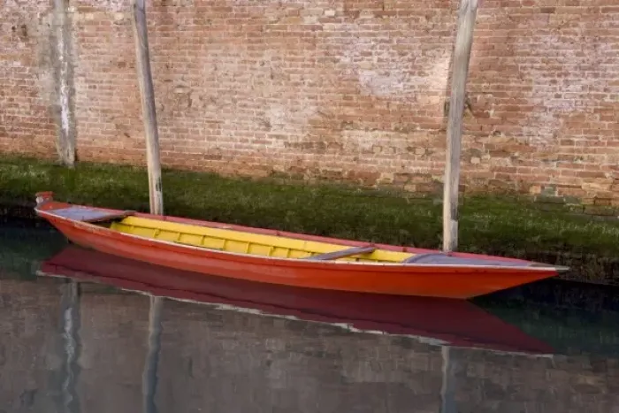 Framed Print : Italy, Venice. Red boat reflecting in canals still water Framed Print : Italy, Venice. Red boat reflecting in canals still water