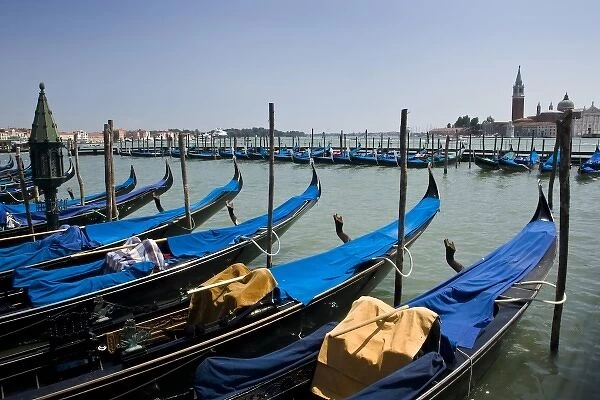 Italy, Venice. A row of gondolas docked near San Marco Square
