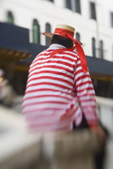 Framed Print : Italy, Venice, Seclitive Focus of Gondolier in Venice With Bright Red Ribbon