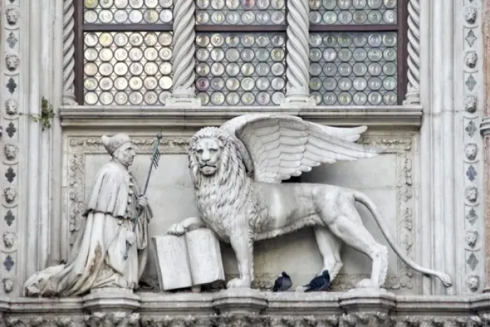 Framed Print : Italy, Venice. Statue of a winged lion and the Doge on the Doges Palace