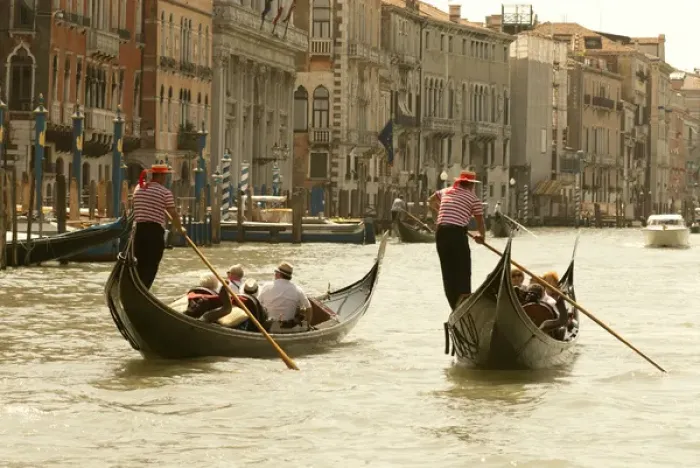 Framed Print : Italy; Venice. Tourist ride in gondolas on the Grand Canal in Venice