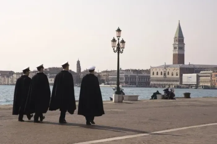 Framed Print : Italy, Venice. Four uniformed Navy men walking along the Riva degli Schiavoni promenade Framed Print : Italy, Venice. Four uniformed Navy men walking along the Riva degli Schiavoni promenade