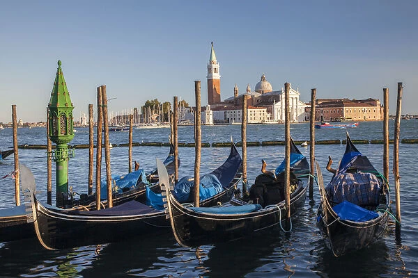 Italy, Venice. View of gondolas in front of Piazza San Marco (St. Marks Square) towards San Giorgio Maggiore, Venice, Italy