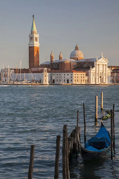 Italy, Venice. View of gondolas in front of Piazza San Marco (St. Marks Square) towards San Giorgio Maggiore, Venice, Italy