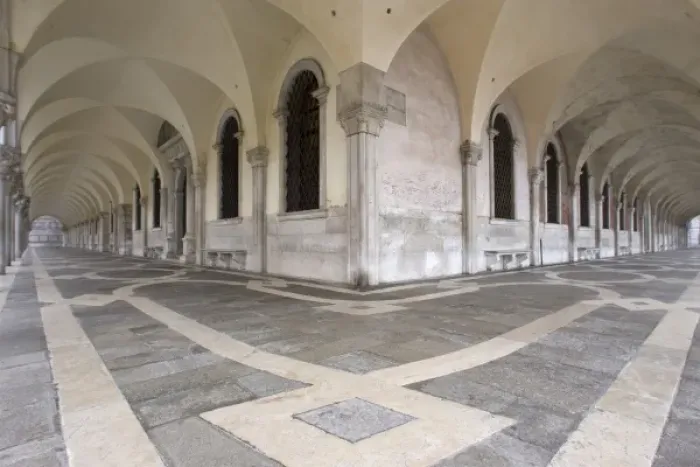 Framed Print : Italy, Venice. View down two walkways from corner of the Doges Palace Framed Print : Italy, Venice. View down two walkways from corner of the Doges Palace