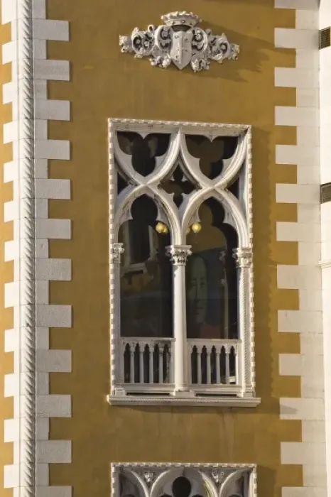 Framed Print : Italy, Venice. Window of Palazzo Cavalli-Franchetti with image of chairman inside