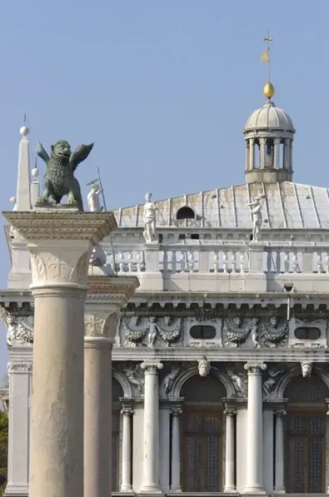 Framed Print : Italy, Venice, winged lion statue and buildings along main dock area Framed Print : Italy, Venice, winged lion statue and buildings along main dock area