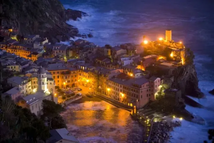 Framed Print : Italy, Vernazza, Cinque Terra. Overview of city lit at night Framed Print : Italy, Vernazza, Cinque Terra. Overview of city lit at night