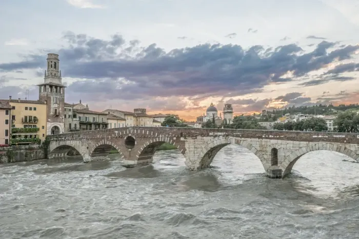 Framed Print : Italy, Verona. Ponte Pietra (Roman Bridge) at Sunset Framed Print : Italy, Verona. Ponte Pietra (Roman Bridge) at Sunset