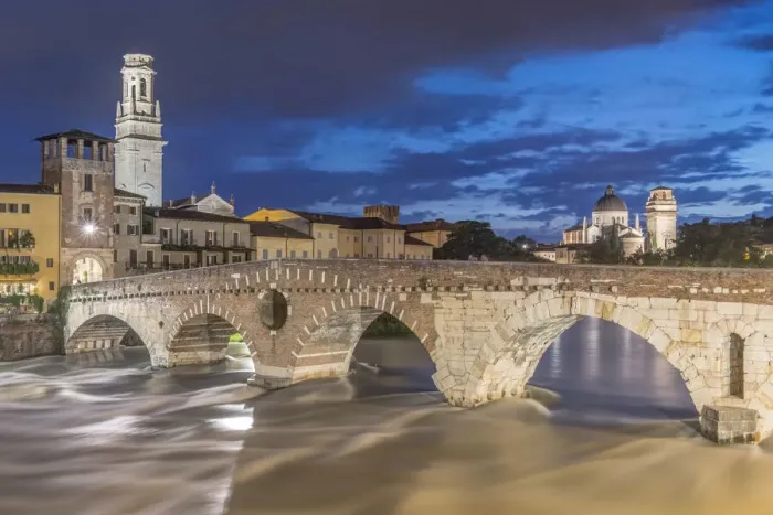 Framed Print : Italy, Verona. Ponte Pietra (Roman Bridge) at Twilight Framed Print : Italy, Verona. Ponte Pietra (Roman Bridge) at Twilight