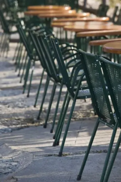 Framed Print : Italy, Verona Province, Garda. Punta San Vigilio, cafe tables, morning