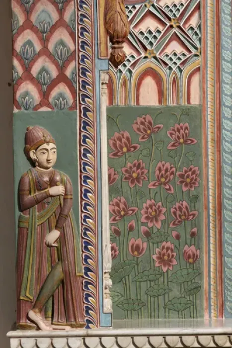 Framed Print : Jaipur, Rajasthan, India. City Palace. Wood carved wall with Lotus flowers, painted decorations