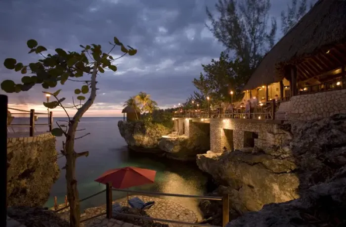 Framed Print : Jamaica, Negril, Rockhouse Hotel at dusk along Caribbean Sea