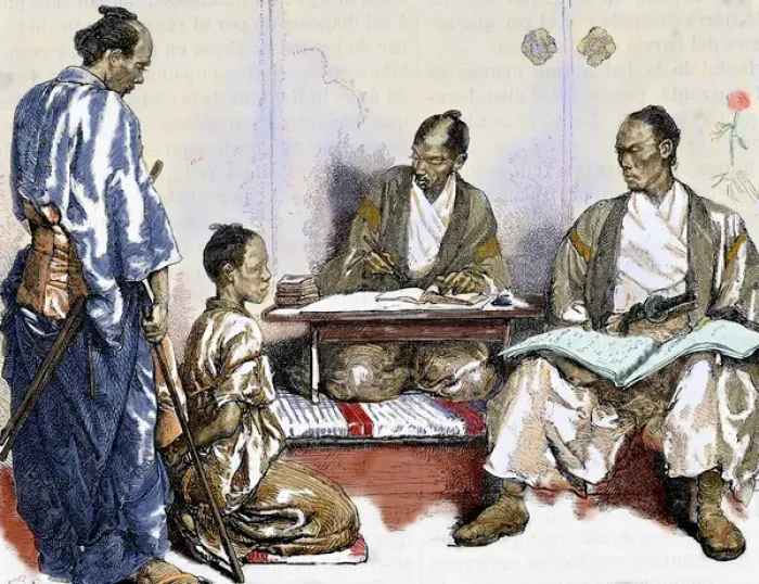 Framed Print : Japan. 19th Century. Judge. Drawing by Neuville. Colored engraving Framed Print : Japan. 19th Century. Judge. Drawing by Neuville. Colored engraving