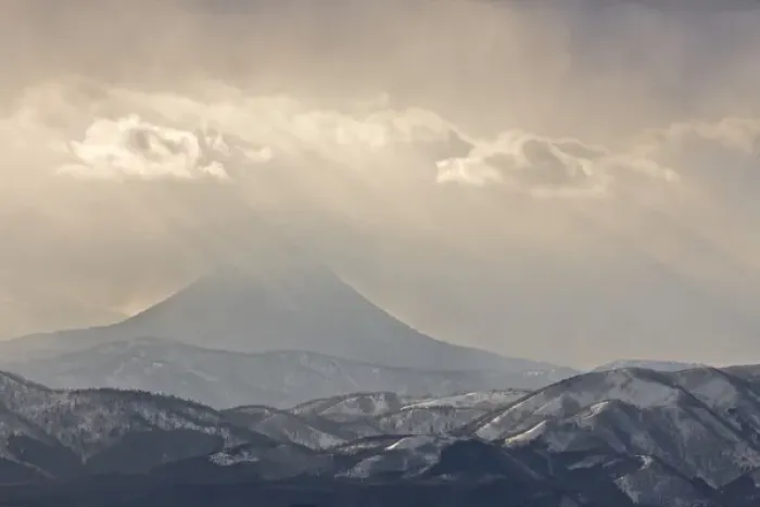Framed Print : Japan, Hokkaido, Tsurui. God rays shine over mountain Framed Print : Japan, Hokkaido, Tsurui. God rays shine over mountain