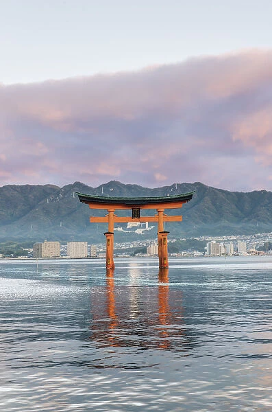 Japan, Miyajima, Itsukushima Shrine, Floating Torii Gate at Sunrise
