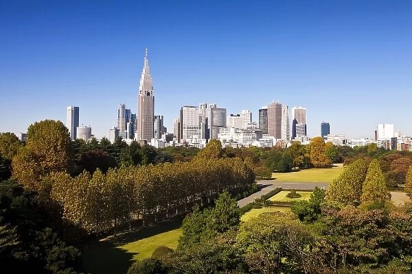 Japan. Tokyo. Shinjuku District Skyline and Shinjuku Gyoen Garden