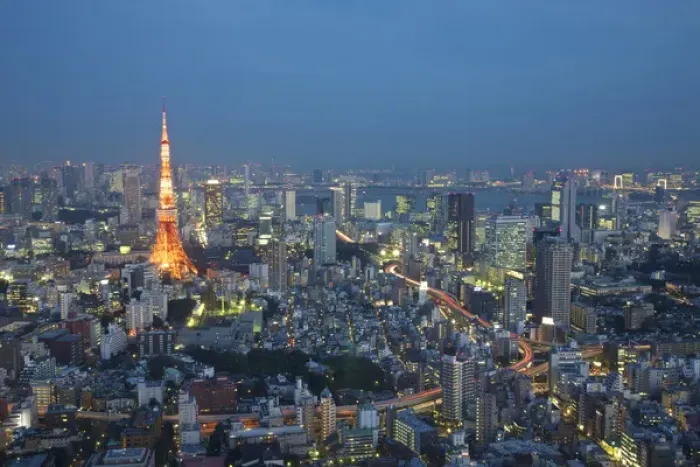 Framed Print : Japan, Tokyo. Sunset aerial of downtown including Tokyo Tower and Rainbow Bridge
