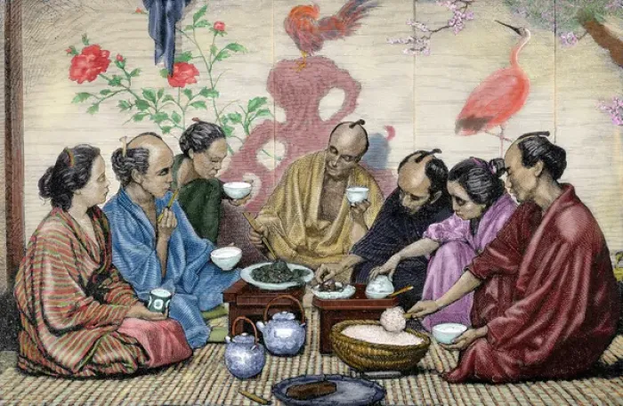 Framed Print : Japanese family eating. Nineteenth-century colored engraving