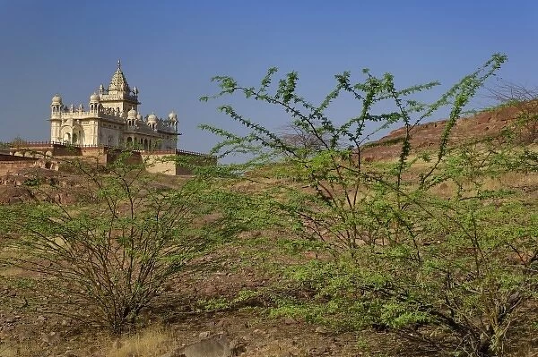 The Jaswant Thada mausoleum and Mehrangarh Fort, Jodhpur, India. It is a white marble