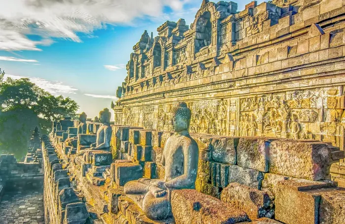 Framed Print : Java, Indonesia. Close-up detail of some of the original 504 statues of Buddha on a ledge of Borobudur Temple