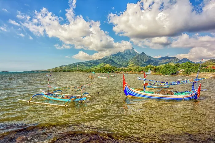 Framed Print : Java, Indonesia. Wide angle landscape view of outriggers lining the coastline and beaches