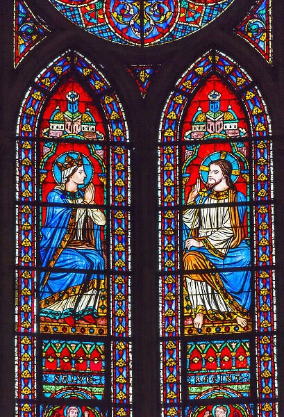 Jesus Christ Mary stained glass, Notre Dame Cathedral, Paris, France