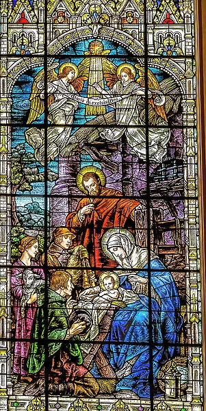Jesus, Joseph, Mary, Nativity Birth Bethlehem stained glass, Gesu Church, Miami, Florida. Built 1920's Glass by Franz Mayer