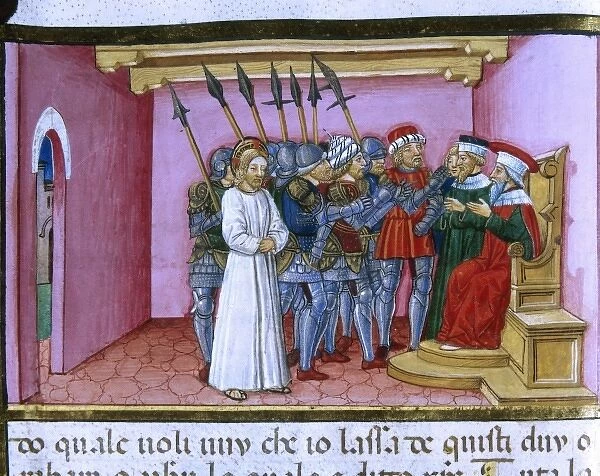 Jesus before Pilate who tries to convince the Jews to set free him. Illuminated pages