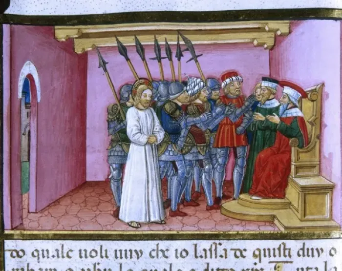 Framed Print : Jesus before Pilate who tries to convince the Jews to set free him. Illuminated pages Framed Print : Jesus before Pilate who tries to convince the Jews to set free him. Illuminated pages
