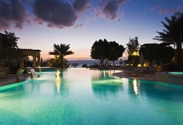 Jordan, Dead Sea, Suweimah, swimming pool at the Marriott Hotel, dusk