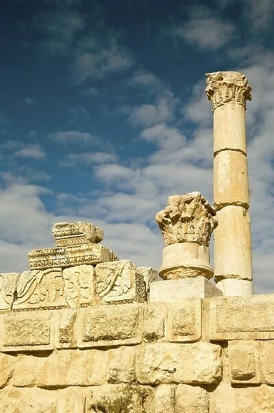 Jordan, Jerash. Architectural decorative elements of granite atop outer wall of Hippodrome arena
