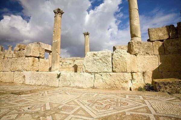 Jordan, Jerash. Floor mosaics of a earthquke-damaged 6th Century Byzantine Church