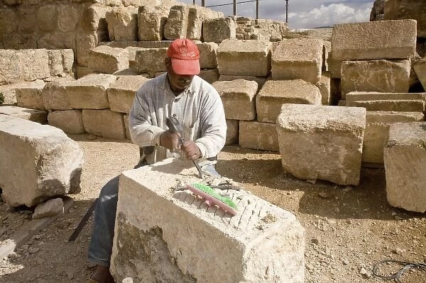 Jordan, Jerash. Local modern-day stone mason continues preservation efforts on the 2