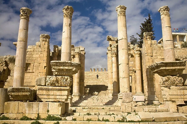 JORDAN, Jerash. Through the pillars of the Byzantine Cathedral and up a long flight of stairs