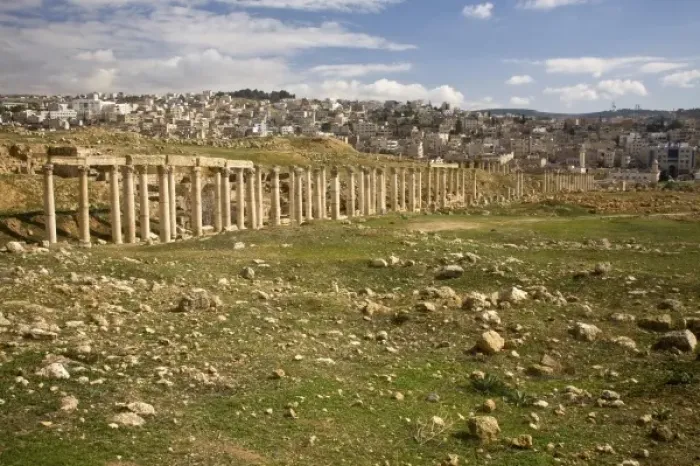 Framed Print : Jordan, Jerash. Skyline of a modern residential neighborhood of Jerash, Jordan looking