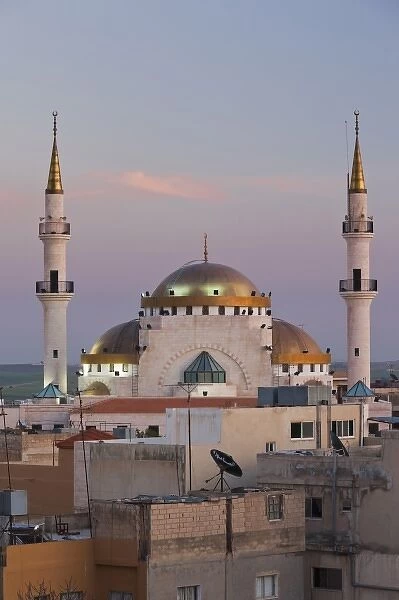 Jordan, Kings Highway, Madaba, elevated town view with mosque, dusk