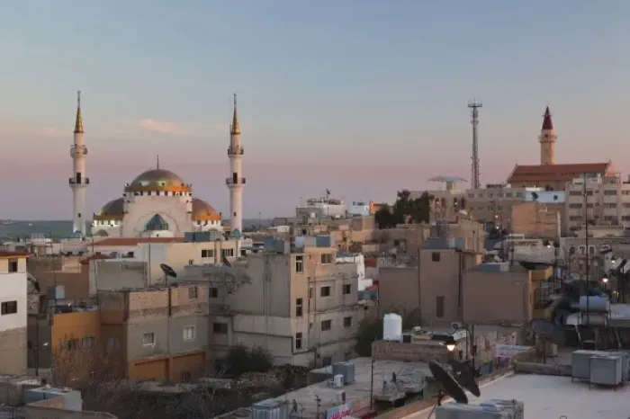 Framed Print : Jordan, Kings Highway, Madaba, elevated town view with mosque, dusk Framed Print : Jordan, Kings Highway, Madaba, elevated town view with mosque, dusk