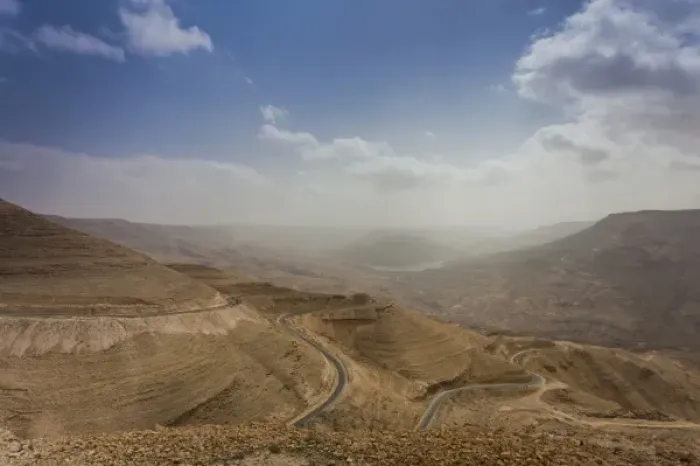 Framed Print : Jordan, Kings Highway, Wadi Mujib, desert landscape with highway Framed Print : Jordan, Kings Highway, Wadi Mujib, desert landscape with highway