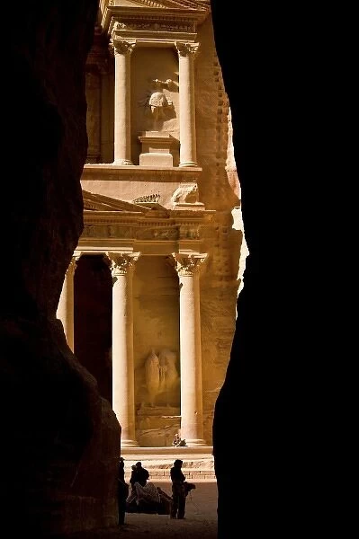 Jordan, Petra. Dramatic first view from the Siq or narrow gorge entry of the sculpted