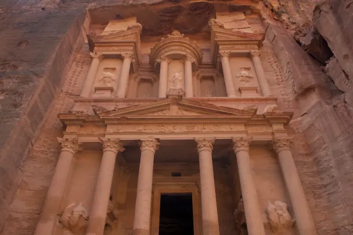 Framed Print : Jordan, Petra. Looking up at the massive face of the Treasury which was cut out of Framed Print : Jordan, Petra. Looking up at the massive face of the Treasury which was cut out of