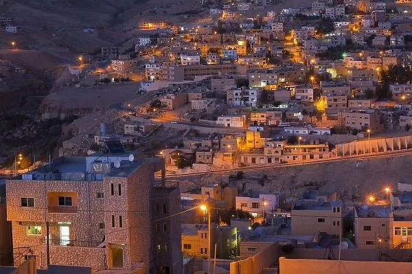 Jordan, Petra-Wadi Musa, elevated view of the new town of Wadi Musa, evening