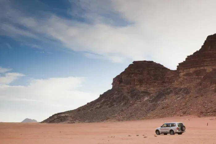 Framed Print : Jordan, Wadi Rum, village of Rum, 4x4 jeep