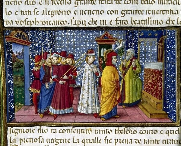 Joseph is elected Marys husband. Codex of Predis (1476). Royal Library. Turin