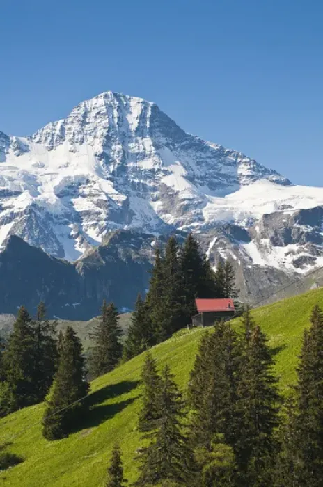 Framed Print : Jungfrau Region, Switzerland. Jungfrau massif and Swiss chalet near Murren Framed Print : Jungfrau Region, Switzerland. Jungfrau massif and Swiss chalet near Murren